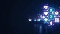 Healthcare technology concept with medical icons in hexagonal interface on dark blue background with digital network connections.