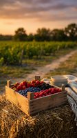 Fresh berries in wooden crate at vineyard during golden hour sunset with coffee cup and blanket for farm-to-table dining and harvest celebration.