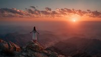 Woman in white dress standing on mountain cliff edge watching golden sunrise over layered mountain ranges with arms outstretched in freedom pose.