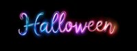 Glowing neon Halloween text sign in blue and pink colors on black background, modern holiday lettering with luminous effect. Suitable for seasonal decoration.