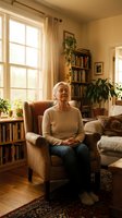 Senior Caucasian woman relaxing in cozy home library with books and plants, sitting in comfortable armchair by window with warm natural lighting.