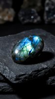 Polished labradorite gemstone with brilliant blue and green flash on dark slate surface displaying natural iridescent colors and mineral beauty.