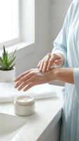 Woman applying moisturizing cream on hands in bright bathroom with natural light and plant for daily skincare routine and self-care wellness.