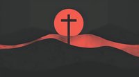 Minimalist cross silhouette against red sun with flowing landscape waves on dark background for spiritual and religious design projects.