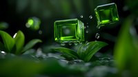 Emerald green crystal gems floating over tropical leaves with water drops in magical forest atmosphere. Luxury jewelry concept with mystical lighting effects.