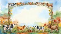Farm animals including cows and cattle arranged in a decorative border frame with wildflowers and autumn foliage, isolated on white background for design projects.