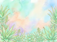 Watercolor background with succulents and aloe plants in soft pastel tones of mint, peach and lavender with gold outline details.