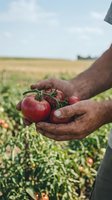 Farmer hands holding fresh ripe red tomatoes in agricultural field during harvest season showcasing organic farming and sustainable agriculture practices.