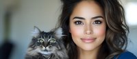 Young Hispanic woman with wavy brown hair holding adorable gray Maine Coon kitten with yellow eyes. Pet owner lifestyle portrait for veterinary care.