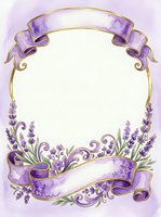 Ornate lavender frame with purple ribbons and gold accents, featuring decorative scrolls and floral elements on white background, isolated and ready for invitations, cards, and design projects.