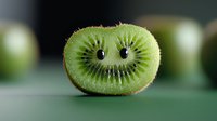 Fresh sliced kiwi fruit with natural face-like pattern created by seeds and flesh, on blurred green background, creative food photography concept.