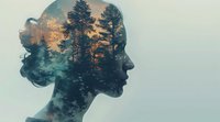 Double exposure portrait combining female silhouette with misty forest landscape, pine trees and sunset sky, perfect for themes of mindfulness, nature connection and inner peace.