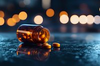 Spilled prescription medicine bottle with pills on dark reflective surface against blurred bokeh lights, dramatic medical concept photography.