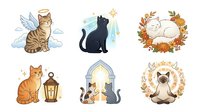 Isolated cat illustrations featuring angelic tabby with halo and wings, mystical black silhouette, autumn wreath, ginger with lantern, gothic arch doorway, and meditating siamese. Perfect for t-shirt designs, clipart, and creative projects.