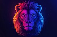 Majestic lion head portrait in vibrant neon colors of pink and blue gradient against dark background, glowing artistic effect creates dramatic contrast. For modern wall art.