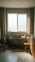 Modern spa bathroom interior with stone bathtub and natural materials for luxury home design and wellness retreat concepts.