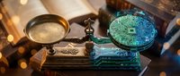 Vintage brass scale with glowing circuit board sphere representing balance between traditional commerce and digital technology innovation.