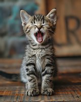 Adorable tabby kitten yawning widely while sitting on wooden surface, showing playful and sleepy mood perfect for pet care, veterinary, or lifestyle content marketing.