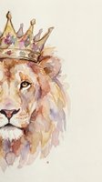 Watercolor lion head with golden crown, majestic wild animal portrait in soft pastel tones, artistic painting style for royal themed designs and decor.