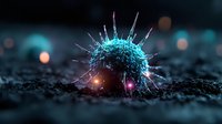 Microscopic virus cell with spikes glowing in blue and purple light against dark background. Medical science research pathogen microorganism illustration.