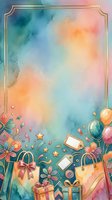 Watercolor gradient background with gold frame border, featuring festive gift boxes, balloons, flowers, and decorative elements at bottom. Suitable for greeting cards and celebrations.