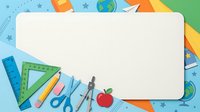 School supplies arranged around blank white card on colorful background with rulers, scissors, pencils, apple and globe for education, learning, back to school projects and classroom designs.