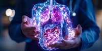 Glowing holographic human organs visualization with luminous purple and blue light effects floating between doctor's hands in dark medical environment.