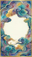 Ornate watercolor cloud frame with swirling patterns in blue, purple and gold tones. Decorative border with blank center space for text or design elements.
