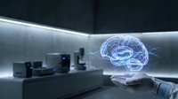 Futuristic holographic brain projection floating above open palm in modern laboratory setting with advanced technology and LED lighting for medical research.