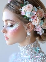 Ethereal bride with delicate floral crown and glitter makeup in soft pastel tones. Side profile shows romantic roses and sparkly face art against luminous skin.