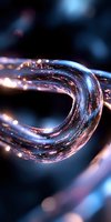 Glowing curved light trail with sparkles and bokeh effects on dark background, featuring blue and pink luminous particles in motion for technology designs.