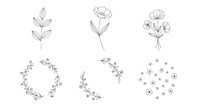 Minimalist line art botanical illustrations featuring delicate flowers, leaves, and floral wreaths in simple pen sketch style for design projects.