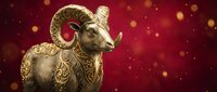 Ornate golden ram with decorative patterns against burgundy background with bokeh lights, suitable for luxury branding and festive designs.