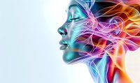 Female profile with luminous neon colors and flowing energy effects creating ethereal artistic portrait against light background, showcasing futuristic beauty concept.