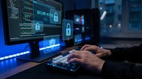 Cybersecurity expert working on secure access system with multiple monitors displaying security protocols and lock icons in modern office environment.