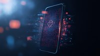 Smartphone displaying cybersecurity warning symbol with digital particles and code elements emerging in dark atmosphere with red and blue lighting effects.