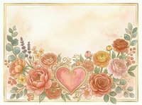 Watercolor floral frame with roses, peonies, and a golden heart on a soft peach background, perfect for wedding cards and invitations.