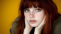 Young woman with red hair, freckles and green eyes resting chin on hands against vibrant yellow background, natural beauty portrait with soft lighting and shallow depth of field.