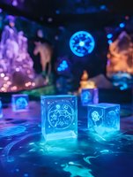 Glowing magical cubes with mystical symbols emit ethereal blue light against dark background with floating orbs and mysterious figures, creating enchanted atmosphere.