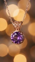 Rose gold necklace with ornate filigree pendant featuring a round faceted amethyst gemstone, displayed against warm golden bokeh background for jewelry retail and luxury accessory marketing.