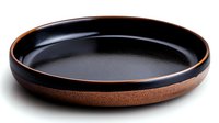 Round ceramic plate in dark brown and black with textured matte finish exterior and glossy interior surface, modern minimalist tableware design for food presentation.