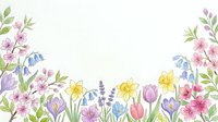 Watercolor spring flowers border with daffodils, tulips, lavender, bluebells and cherry blossoms on white background for cards and invitations.