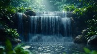 Cascading waterfall in lush green forest creates serene natural atmosphere with flowing water and misty spray, surrounded by tropical foliage and rocks.