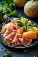 Prosciutto and cantaloupe melon appetizer with fresh basil on dark plate, gourmet Italian antipasto platter for summer dining and entertaining.