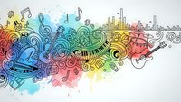 Colorful musical doodle art with instruments, notes and city skyline in vibrant watercolor style for creative design projects.