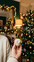 Unrecognizable person holding festive sheep ornament with decorated evergreen tree and warm string lights in blurred background, celebrating winter holidays at home.
