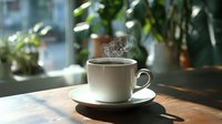Steaming hot coffee cup on wooden table with green plants and natural light in cozy cafe atmosphere.