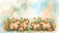 Capybaras gathered among blooming flowers and lush foliage in watercolor style, suitable for children's books, nursery decor, and wildlife illustrations.
