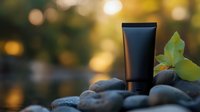 Black cosmetic tube on spa stones with green leaves against blurred warm bokeh background, wellness and skincare concept for beauty products.