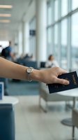 Woman's hand holding passport in modern airport terminal with travelers in background, travel documentation concept.